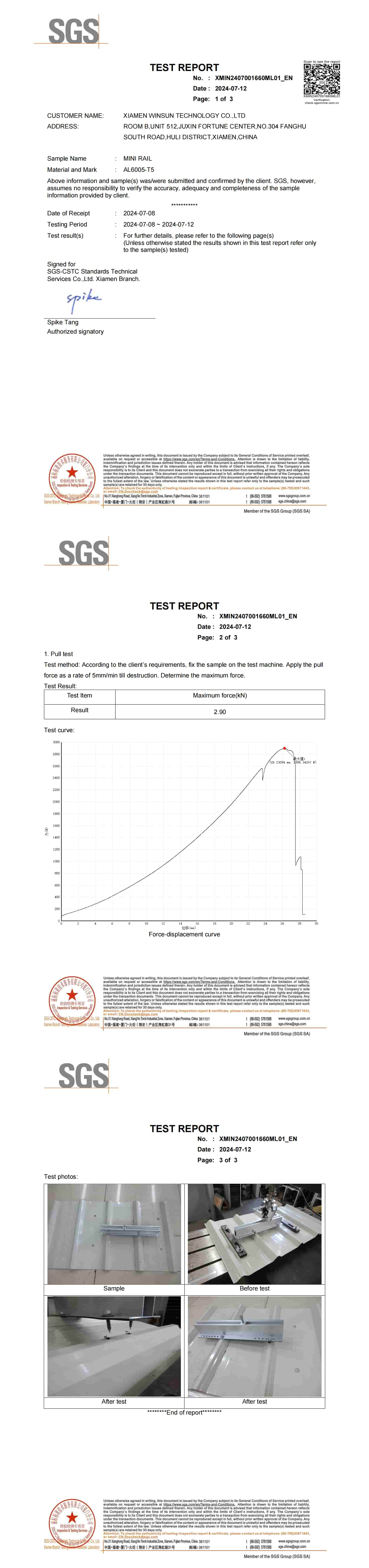 Rapport de test SGS du mini rail R60