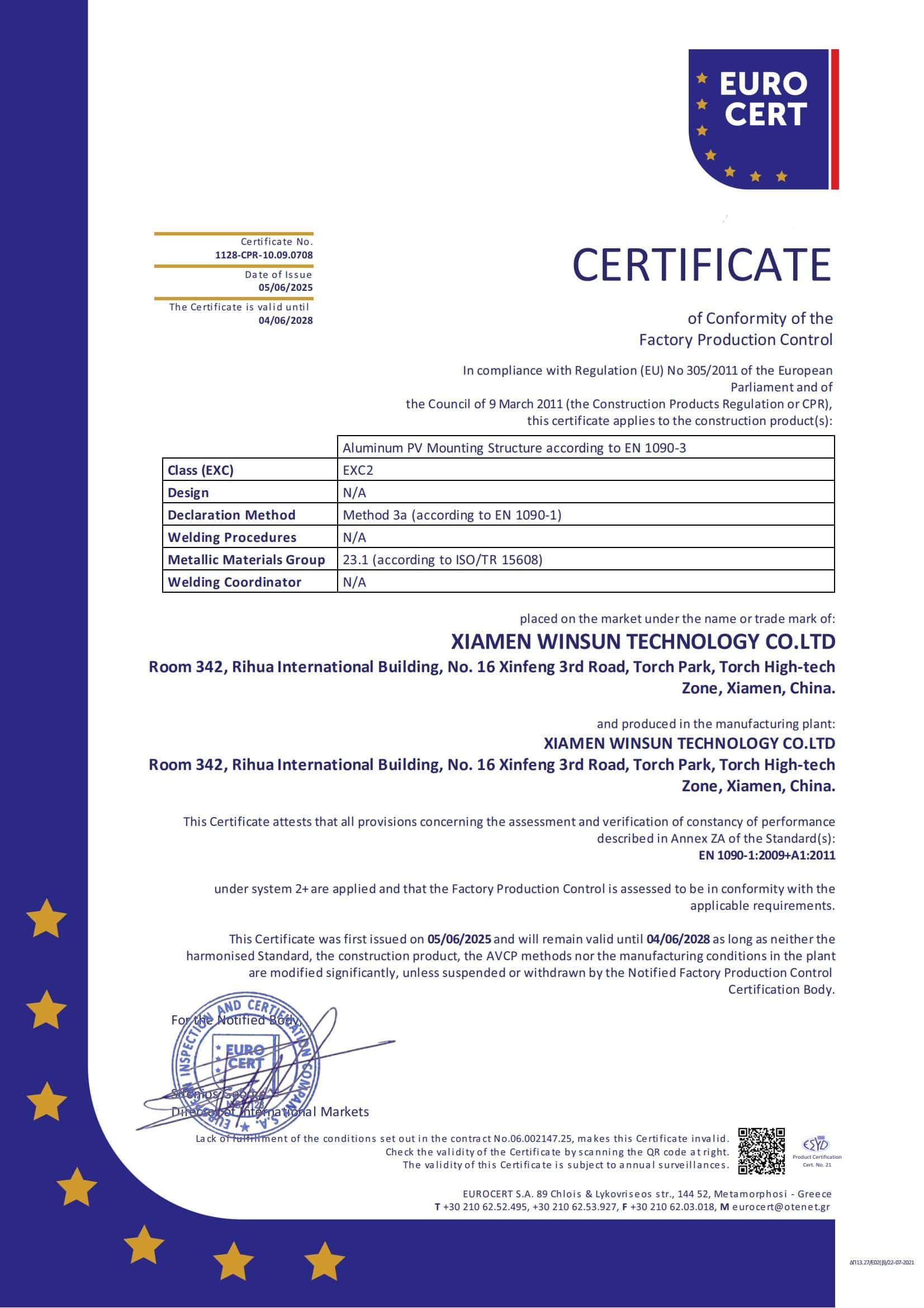 Structure de montage solaire Winsun, certificat CE (EN 1090-1)